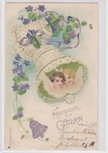 73646 Glückwunsch Präge AK Fröhliche Ostern, zwei Engel unter Blütenglocke 1907