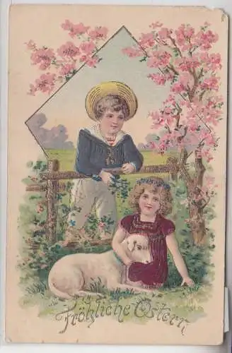 05791 Fröhliche Ostern Präge Ak 2 Kinder mit Lämmchen 1909