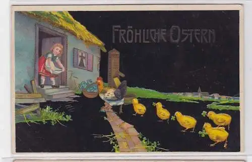 82878 Fröliche Ostern Präge Ak Haus mit Huhn und Küken 1914