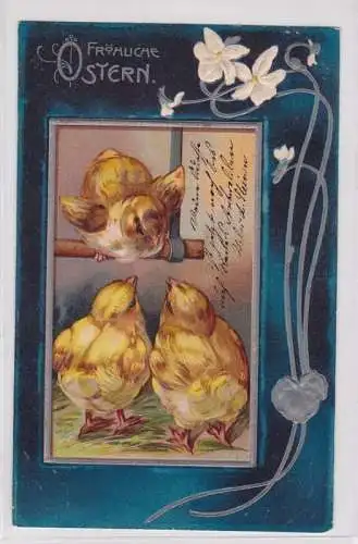 92341 Fröhliche Ostern Präge Ak 3 Küken 1908