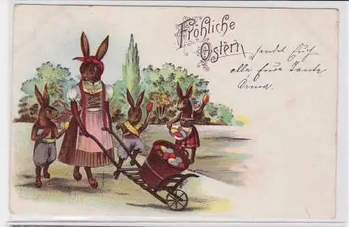 78200 Glückwunsch AK Fröhliche Ostern - Osterhasen suchen mit Schubkarre 1903