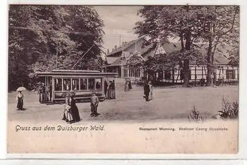 53543 Ak Gruß aus dem Duisburger Wald Restaurant Monning mit Straßenbahn 1910