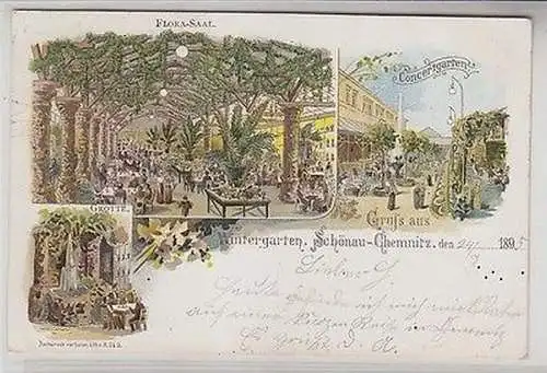 63892 Ak Lithographie Gruss aus Schönau Chemnitz Wintergarten 1895