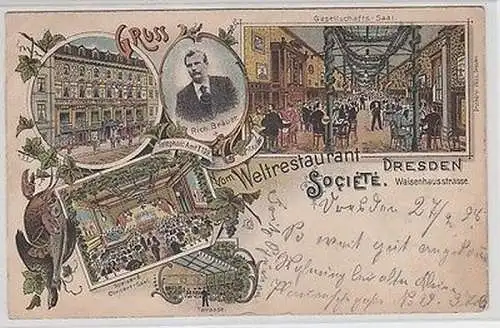 64963 Ak Lithographie Gruß vom Weltrestaurant Societe Dresden Waisenhausstr.1898