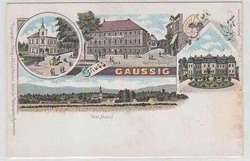 59347 Ak Lithographie Gruß aus Gaussig Gasthof, Post usw. um 1900