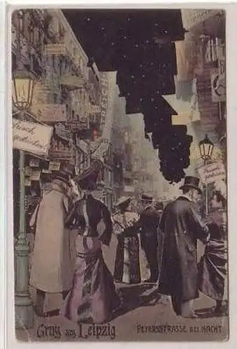 8/11 Ak Gruß aus Leipzig Peterssstraße bei Nacht 1908