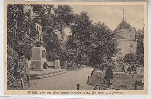 62178 Ak Zittau Park mit König Albert Denkmal Stadtgärtnerei und Blumenuhr 1913