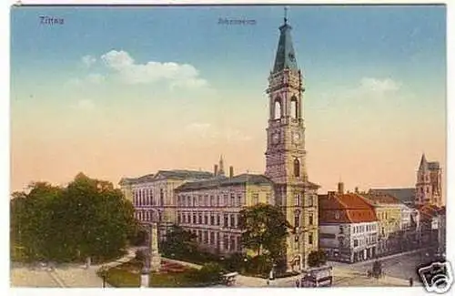 26025 Ak Zittau Johanneum mit Straßenbahn um 1910