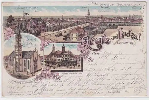 88237 Ak Lithographie Gruß aus Lucka S.-A. Post, Kirche, Rathaus usw. 1897