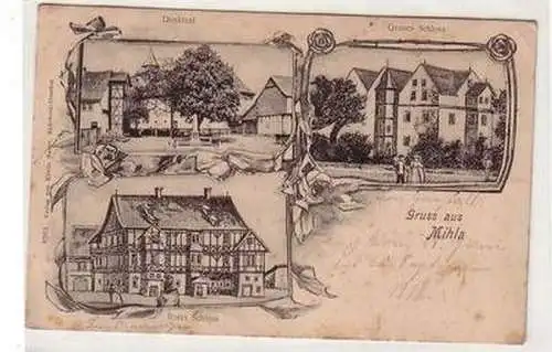 53712 Ak Gruß aus Mihla Denkmal, graues Schloss, rotes Schloss um 1900