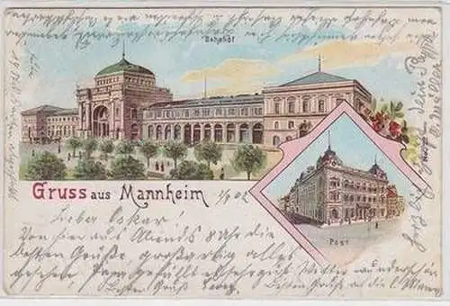 51623 Ak Lithographie Gruß aus Mannheim Bahnhof und Post 1902