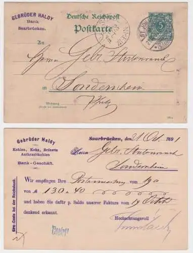 80927 DR Ganzsachen Postkarte P24 Zudruck Gebrüder Haldy Bank Saarbrücken 1891