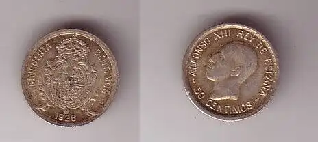 50 Centimos Silber Münze Spanien 1926 (114266)