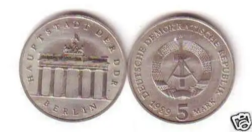 DDR Gedenk Münze 5 Mark Brandenburger Tor 1989 Stempelglanz