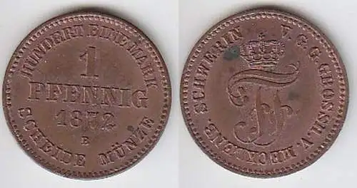 1 Pfennig Kupfer Münze Mecklenburg Schwerin 1872 B vz+