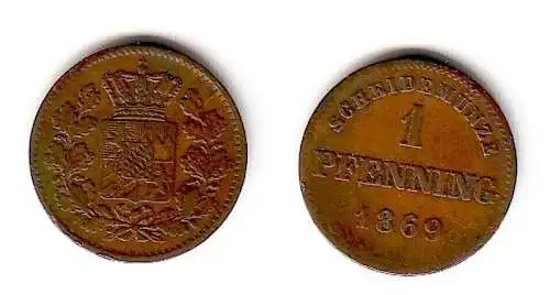 1 Pfennig Kupfer Münze Bayern 1869 (102723)