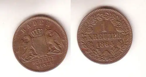 1 Kreuzer Kupfer Münze Baden 1864 ss