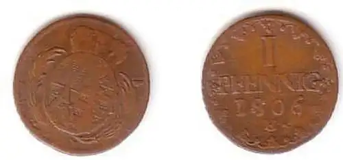 1 Pfennig Kupfer Münze Sachsen 1806 H