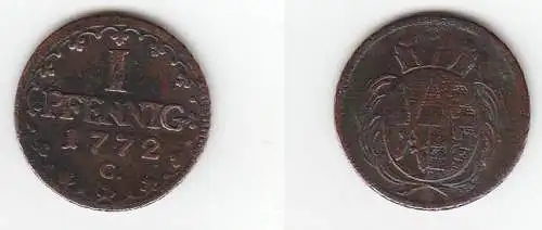 1 Pfennig Kupfer Münze Sachsen 1772 C s/ ss