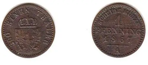 1 Pfennig Kupfer Münze Preussen 1867 A s/ ss