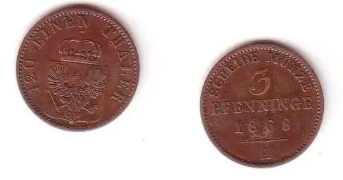 3 Pfennige Kupfer Münze Preussen 1868 A ss+