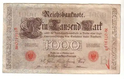 Seltene 1000 Mark Reichsbanknote 10. Oktober 1903 Rosenberg Katalognummer 21