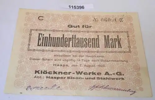 100000 Mark Banknote Inflation Stadt Haspe Klöckner Werke AG 7.8.1923 (115396)