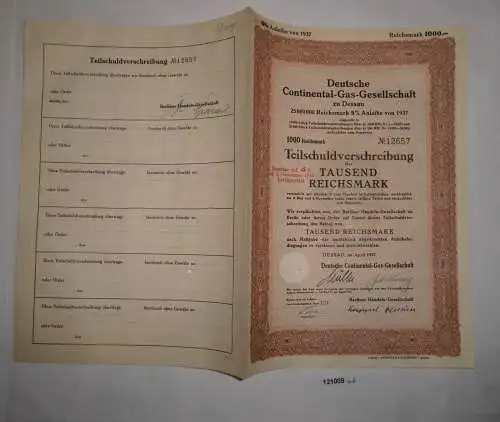 1000 RM Schuldverschreibung Dt. Continental-Gas-Gesellschaft Dessau 1937 /121009