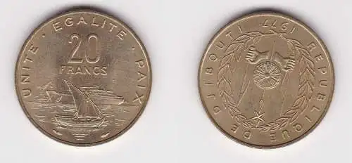 20 Francs Messing Münze Dschibuti Dhau vor Passagierschif 1977 vz/Stgl. (156502)