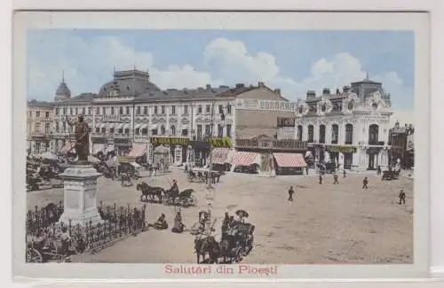 71574 Ak Grüße aus Ploiesti Rumänien - Platz mit Geschäften und Denkmal