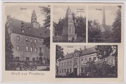 900197 AK Gruß aus Preißnitz - Schloß, Kirche, Schule, Kriegerdenkmal 1928