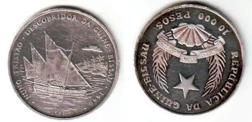 10000 Pesos Silber Münze Guinea Bissau Segelschiff 1991 (111595)