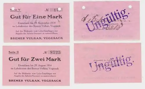 1 und 2 Mark Banknoten Lohnschecks Bremer Vulkan Werft Vegesack 1914 (138498)