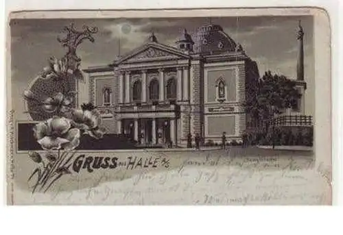 47120 Mondscheinkarte Gruß aus Halle Theater um 1900