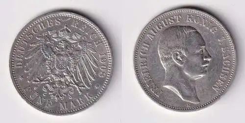 5 Mark Silbermünze Sachsen König Friedrich August 1908 Jäger 136 ss+ (152689)