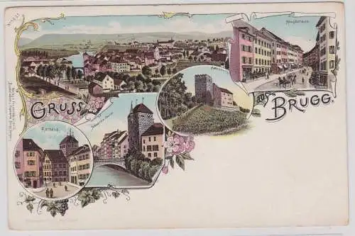 44321 Ak Lithographie Gruß aus Brugg Hauptstrasse usw. um 1900