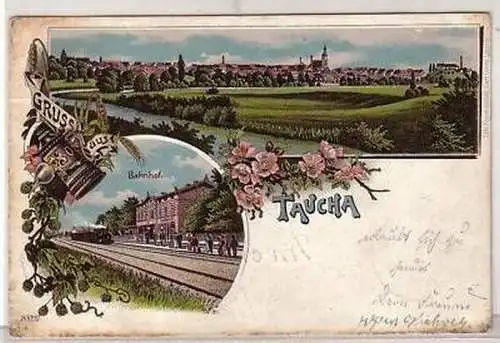 20/9 Ak Lithographie Gruß aus Taucha Bahnhof 1905