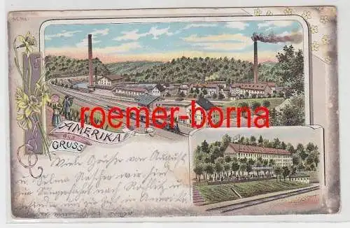 82488 Ak Lithographie Gruß aus Amerika Bahnhof und Restaurant 1900