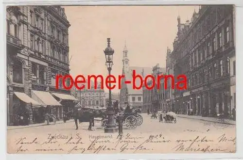 81853 Ak Zwickau in Sachsen Hauptmarkt mit Pferdekutschen 1904