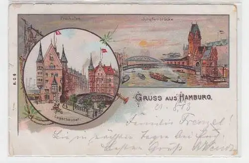 61729 Ak Lithographie Gruß aus Hamburg, Freihafen, Lagerhäuser 1903