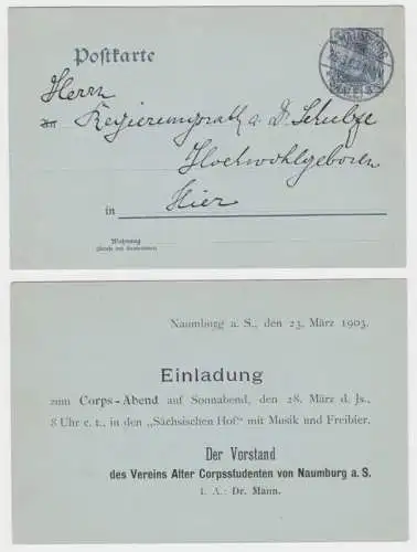 95987 DR Ganzsachen Postkarte P63Y Verein Alter Corpsstudenten von Naumburg 1903