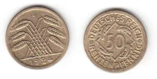 50 Rentenpfennig Messing Münze Deutsches Reich 1924 E, Jäger 310 (112823)