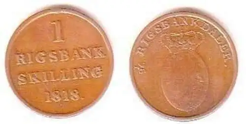 1 Reichs Bank Schilling Kupfer Münze Dänemark 1818