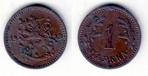 1 Markka Kupfer Münze Finnland 1943