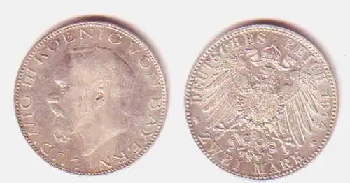 2 Mark Silber Münze Bayern König Ludwig III 1914 (MU0272)