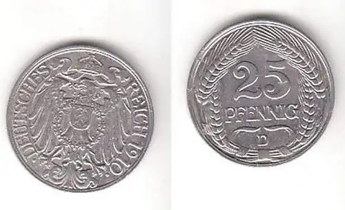 25 Pfennig Nickel Münze Deutsches Reich 1910 D, Jäger 18 (111988)