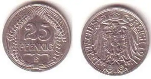 25 Pfennig Nickel Münze Deutsches Reich 1911 E Jäger 18