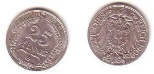 25 Pfennig Nickel Münze Deutsches Reich 1909 G Jäger 18