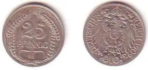 25 Pfennig Nickel Münze Deutsches Reich 1909 G Jäger 18