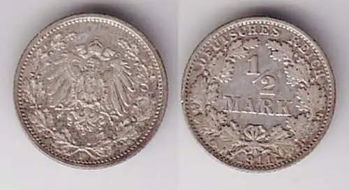 1/2 Mark Silber Münze Kaiserreich 1911 F